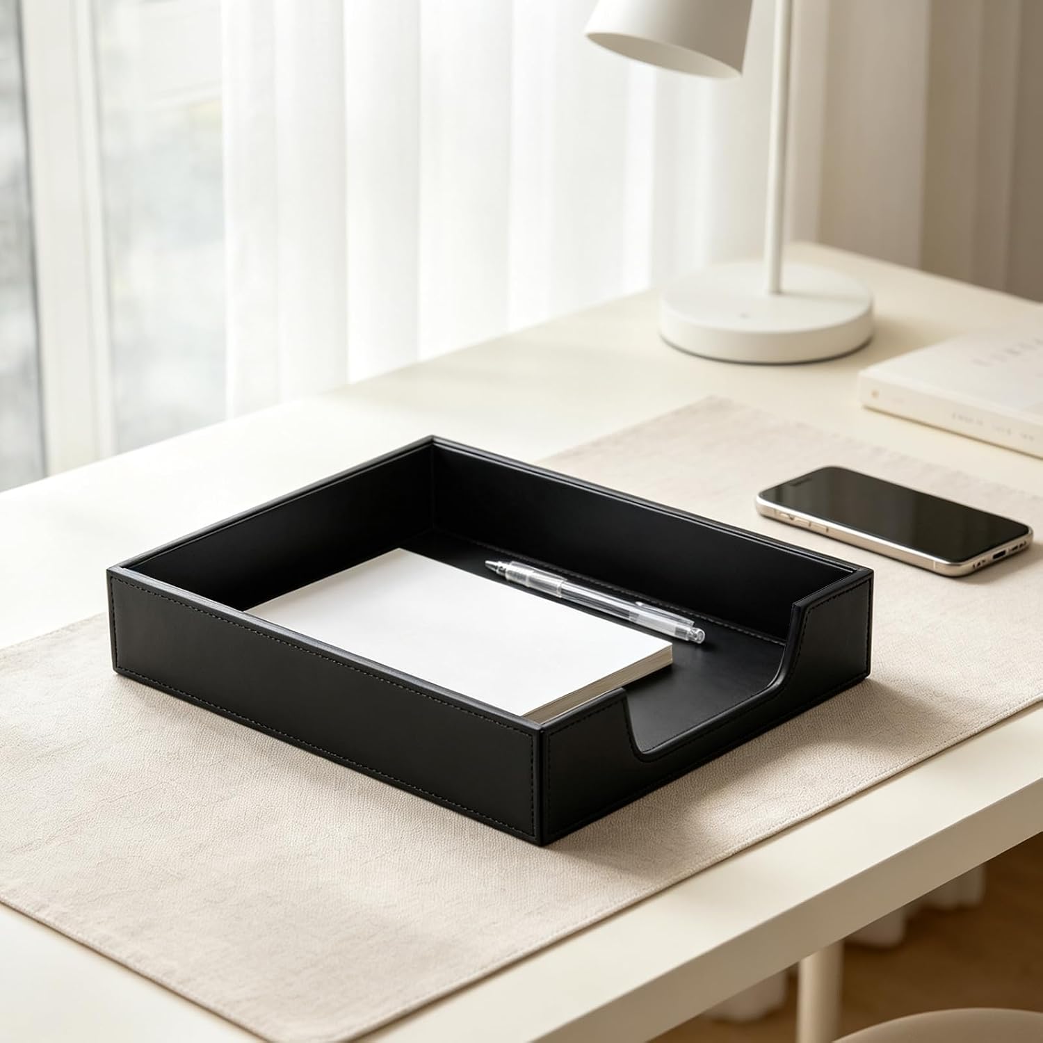PU Leather Desk Organizer Tray, Office Desktop Storage Tray with Front Cutout, Decorative Leather Drawer Tray for Stationery Phone Cable Small Accessories,Desk Catchall Tray for Home Office Workspace