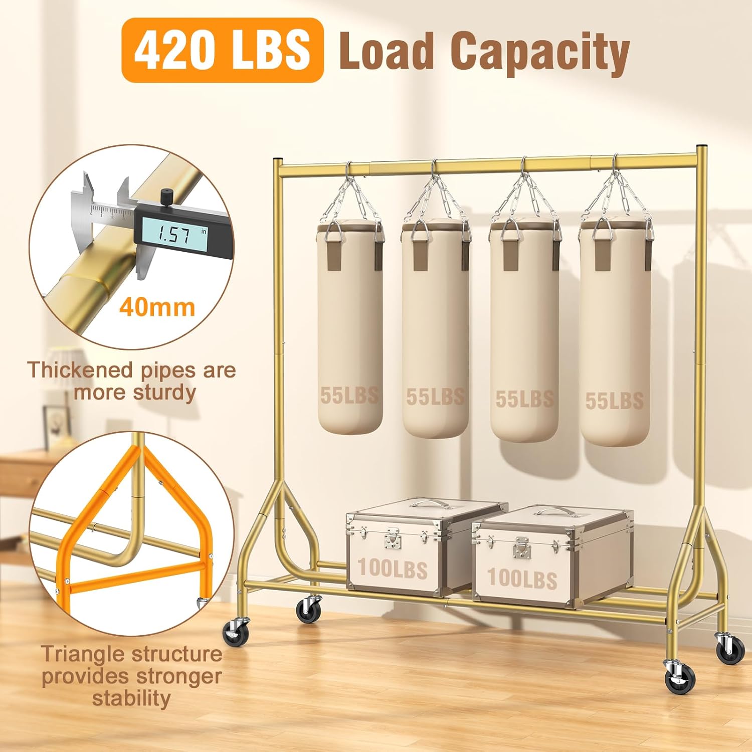 eagmak heavy duty clothes rack load 420 lbs, rolling garment rack with lockable wheels, standing metal clothing rack, portable wardrobe sturdy coat rack for hanging clothes (gold, 59?×18.9?×63?) 59?×18.9?×63? gold