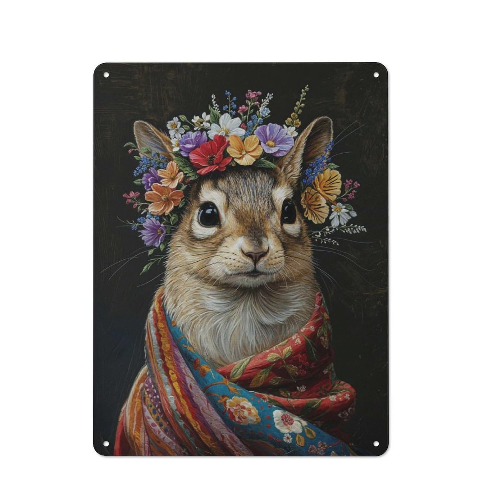 Squirrel with Flowers Creative Metal Wall Decor 40x30cm, Metal Desk Wall Sign for Hobby Room, Office, Lounge Or Living Room