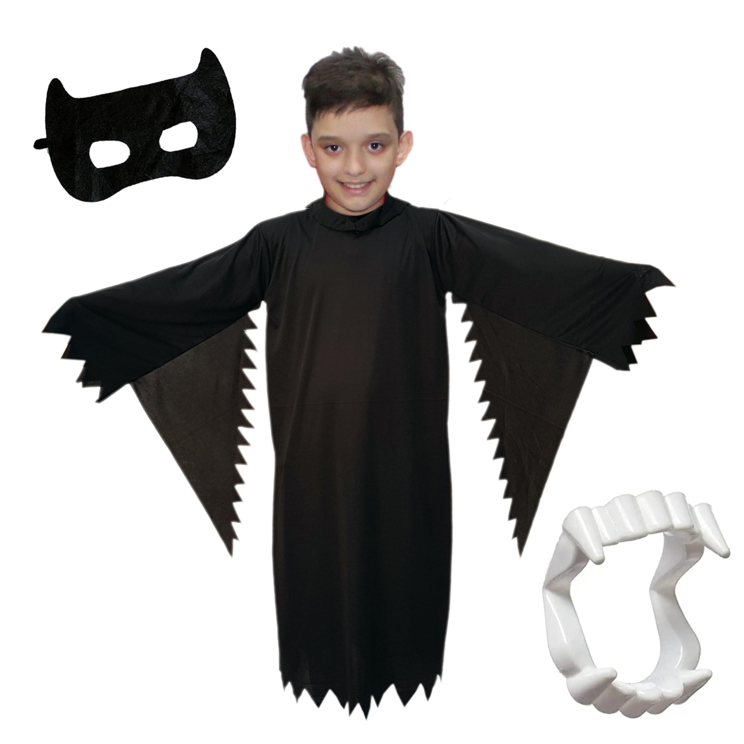 Kaku Fancy Dresses Polyester Black Ghost Costume For Kids With Vampire Teeth & Face Mask For Halloween Horror Costume Party For Boys & Girls