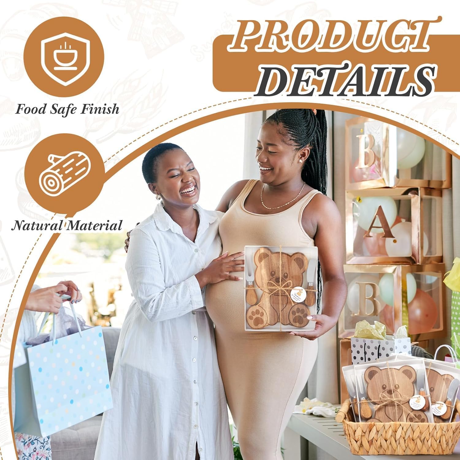 12 Set Baby Shower Prizes Bear Shaped Cheese Board with Cheese Knives and Forks Baby Shower Party Favors Gift Box for Wedding Bridal Birthday Gender Reveal Favor (Acacia Color)