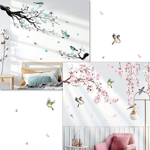 decalmile Paquete de calcomanías de pared de flor de cerezo rosa con ramas florales de acuarela, decoración de pared para sala de estar, dormitorio,