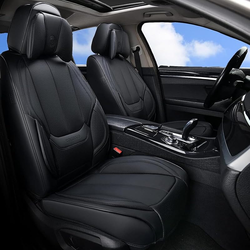 Universal Seat Covers Front, 2-Pack Universal Seat Covers for Cars, Waterproof Nappa Leather Car Seat Covers with Head Pillow, Auto Protectors Fit for Most Sedans SUV Pick-up Truck-Black