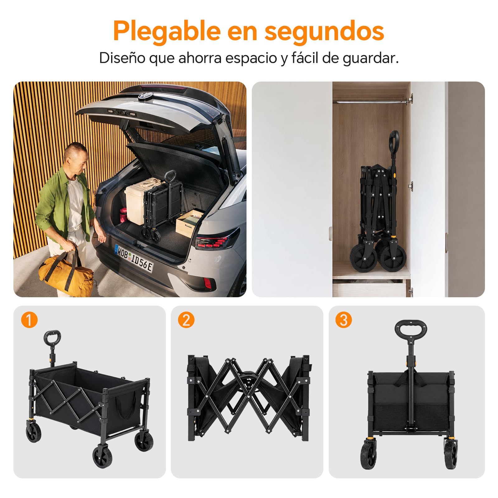 Carro Plegable 120L 160KG Carrito Todoterreno Ruedas Grandes Playa Camping