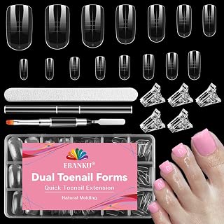 Poly Gel Toe Nail Form Set, EBANKU Reusable Toenails Dual Forms for Nail Extensions, Poly Gel Toe Nail Tips With Dual-Ended Brush, File and 5PCS Clips - 15 Sizes 150PCS