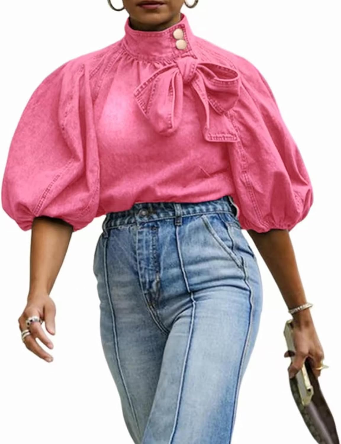 Women's Bow Design Denim Pullover Top Button Up High Neck Fashionable Jacket with Elastic and Puff Sleeves