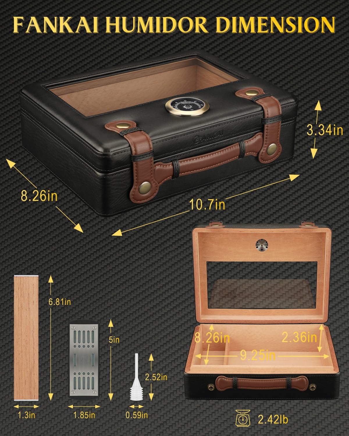 Humidor per Sigari, Scatola Portasigari con Igrometro, Umidificatore e Divisorio, Custodia da Viaggio in Legno di Cedro con Coperchio in Vetro per 30-50 Sigari, Accessori per Sigari da Trasporto