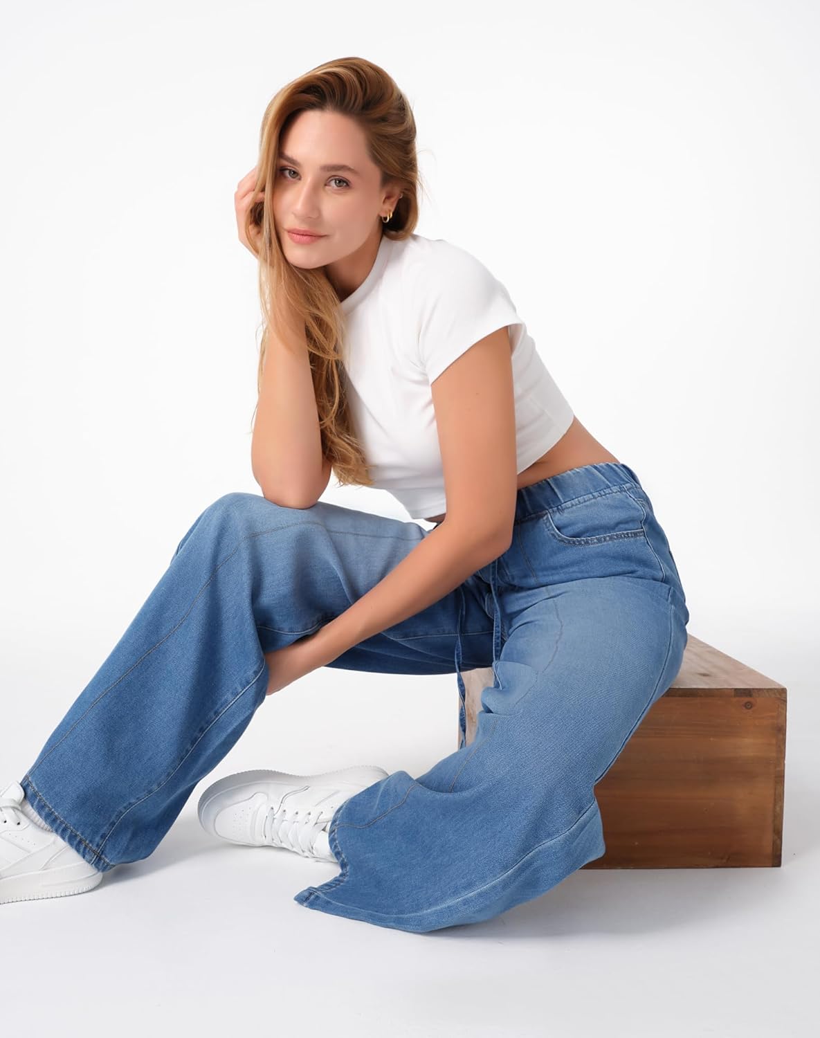 roswear Womens Jeans Non-Stretch Sweatpants Loose Fit Pull On Elastic Waist Front Seam Pants - Image 8