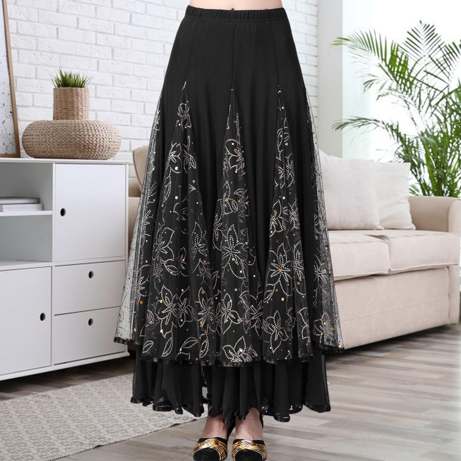 Eleganter, glitzernder Blumenrock, Ballsaal, Tanz, Latein-Tanz, Party, langer Swing-Rock, Vollkreis-Rock, Bauchtanzrock, Rüschenrock, Pailletten-Mesh-Rock, Walzer, Tango-Kleid für Damen