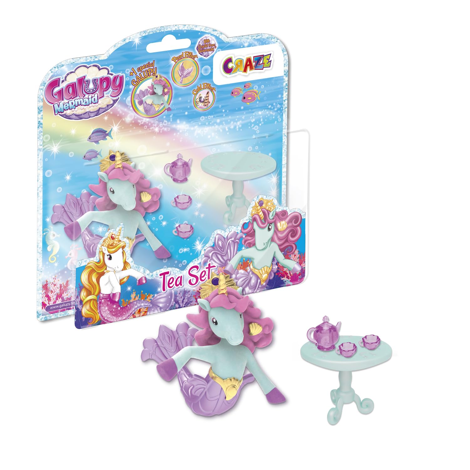 GALUPY - Mermaid Tea Set - Mini-Spielset mit 1x Einhorn Figur mit Meerjungfrauenflosse , 1 Tisch, Tassen und eine Teekanne
