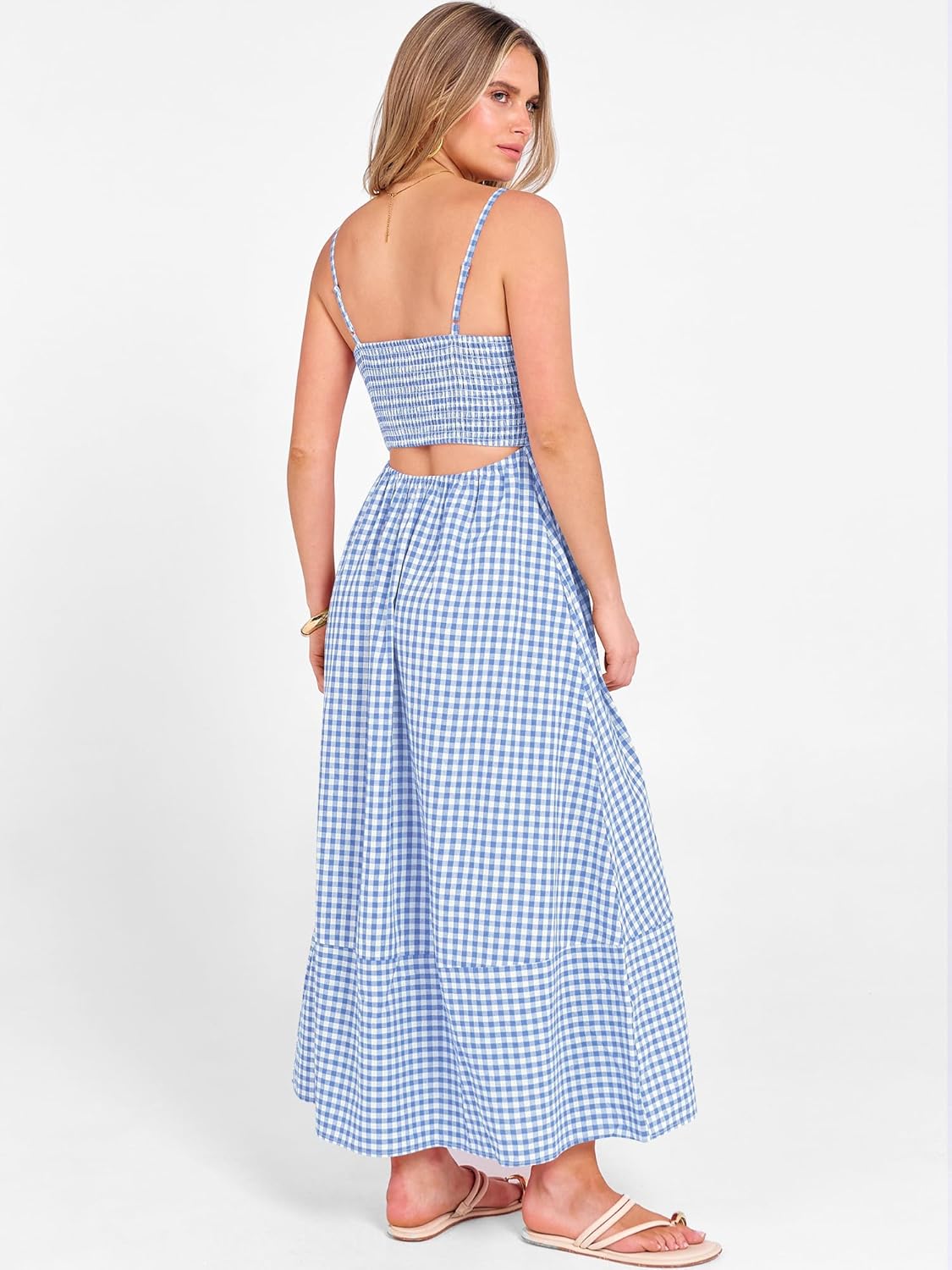 Caracilia Womens Maxi Dresses Gingham Spaghetti Strap Back Smocked Flowy Long Sundress Summer Beach Vacation Clothes 2026 - Image 4