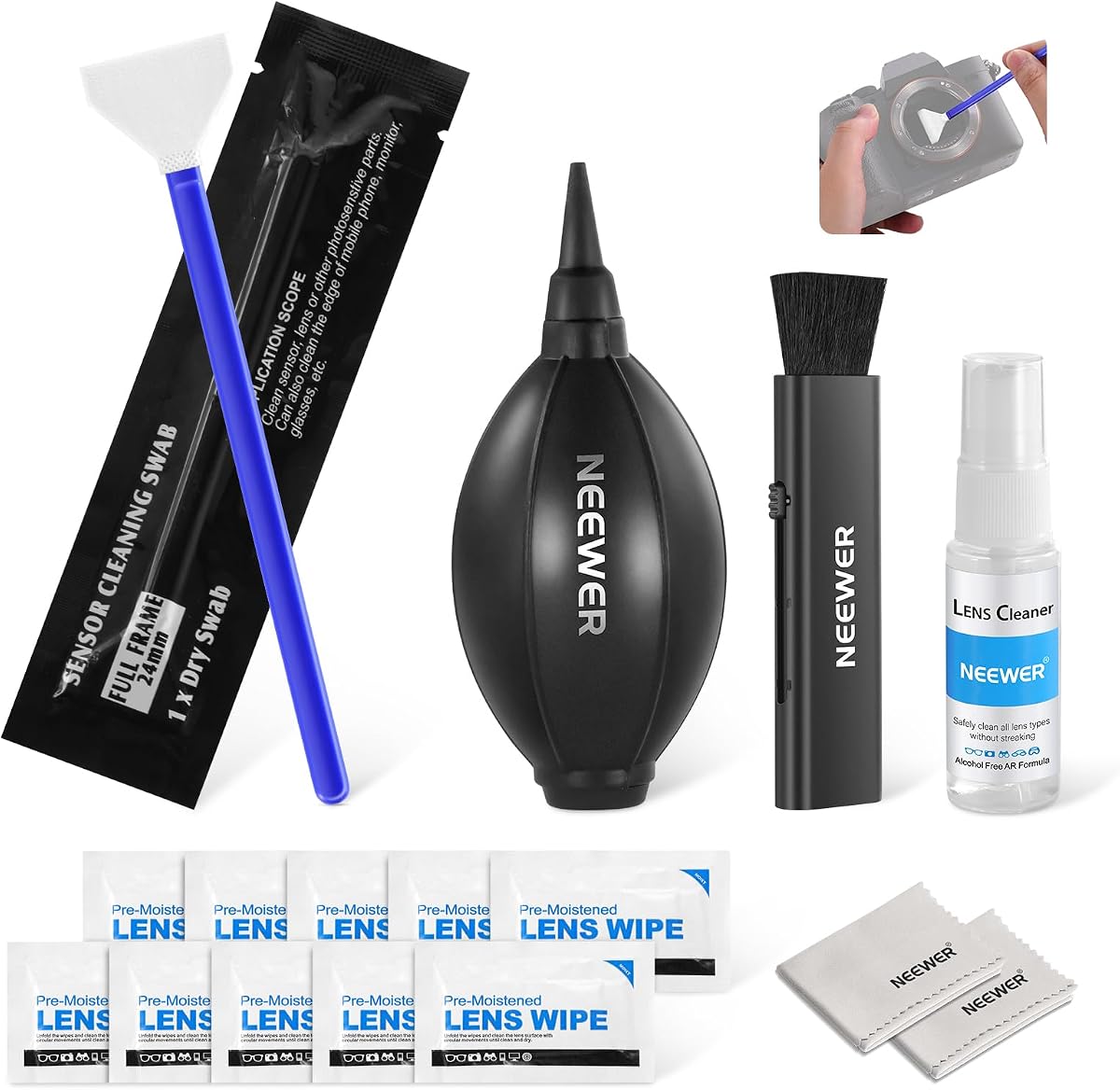 NEEWER 16 in 1 Camera Lens Cleaning Kit, Brush + Air Blower + Cleaning Swab for 24mm Full Frame Sensor + 1x Cleaner Spray + 2X Cloth + 10x Wet Lenses Wipe, HM-44