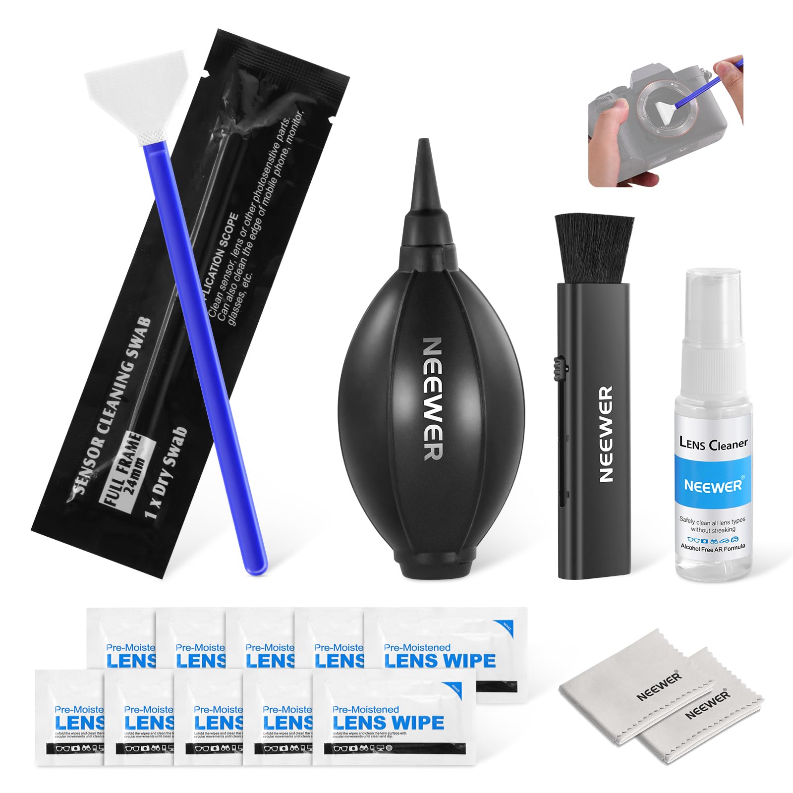 Kit De Nettoyage 12 En 1 Pour Appareils Photo Et Objectifs - 10 Tampons Capteur 24 Mm, Spray Sans Alcool, Chiffon Microfibre
