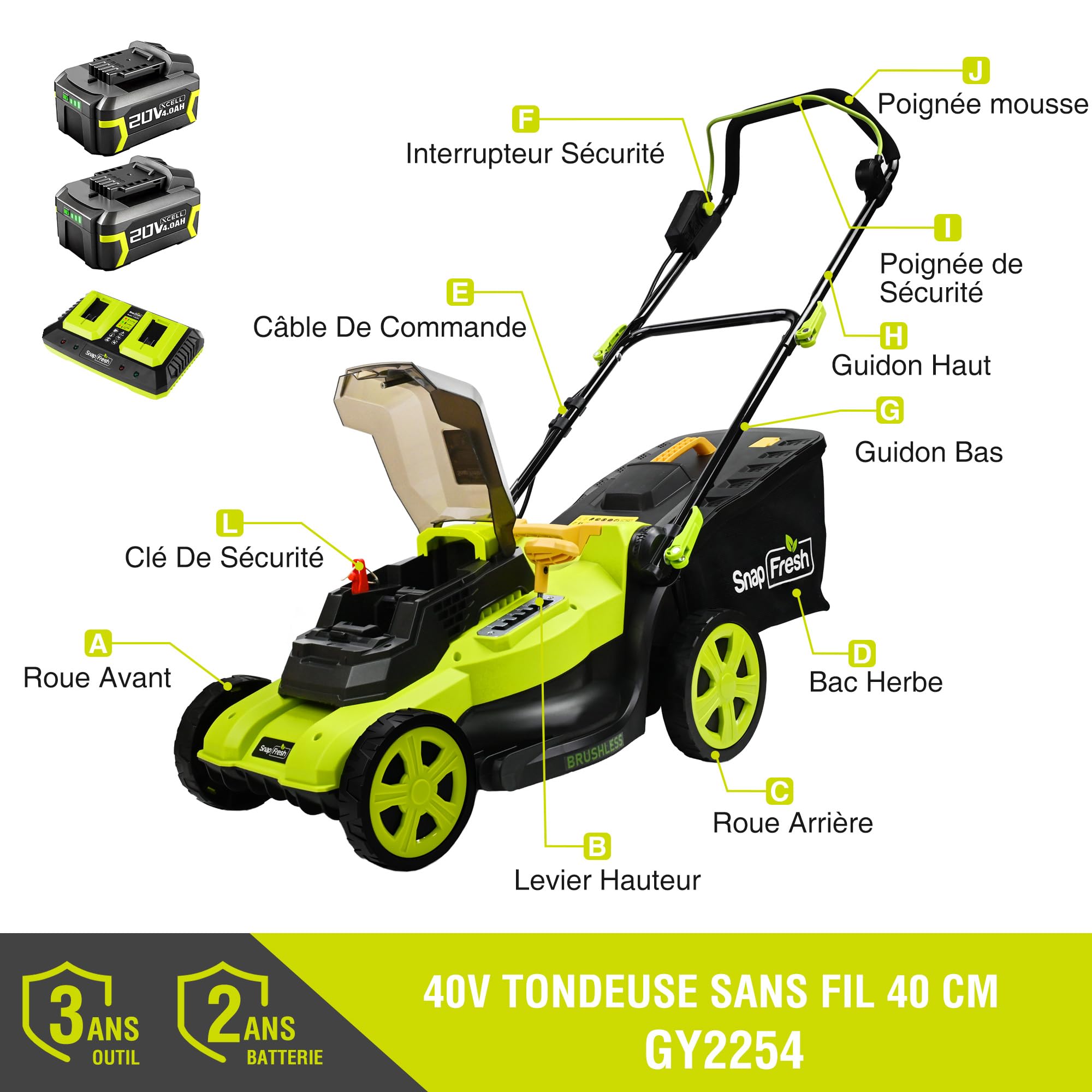 SnapFresh Tondeuse à Gazon sans Fil 40V, Largeur de Coupe 40 cm, Bac 42 L, Deux Batteries 4,0 Ah, Moteur sans balais