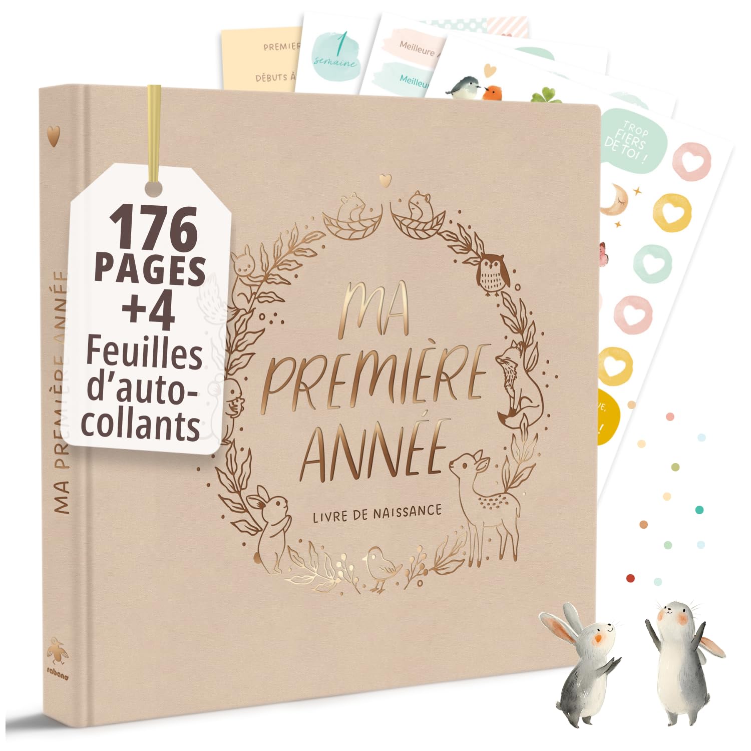 Livre de naissance I Ma première année + set d’autocollants I Album photo bébé PREMIUM avec lettrage or I 176 pages I Cadeau de naissance pour fille et garçon I Cadeau spécial bébé (Lin)