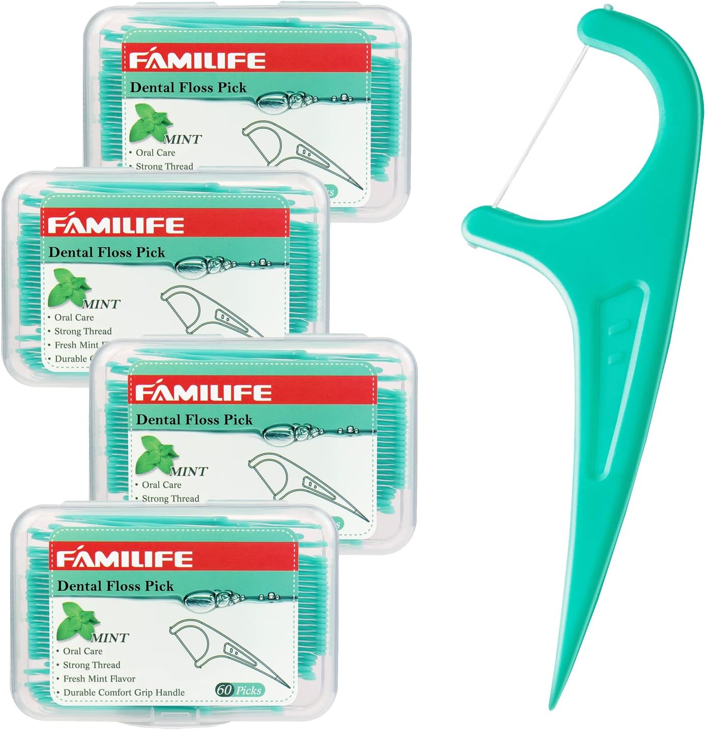 FAMILIFE Floss Picks Mint Dental Floss Picks M-01 with 4 Travel Handy Cases 240 Count Flossers
