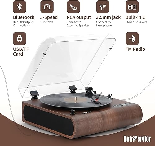 Miniatura 2 de Tocadiscos, tocadiscos Bluetooth de 3 velocidades con altavoces integrados, radio FM, codificación de vinilo-MP3, reproducción USB y SD, pantalla