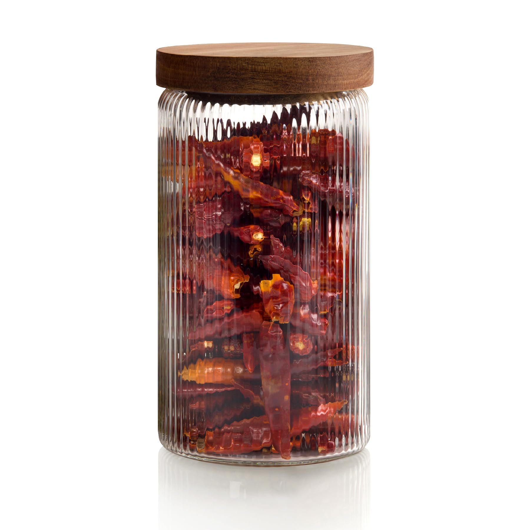 Mason & Fable Ribbed Glass Storage Jars with Wood Lids- Airtight Stackable Food Containers for Cereal, Coffee or Tea – Glass Canisters for Kitchen, Pantry, Bar or Bathroom Organization – 800ml x1