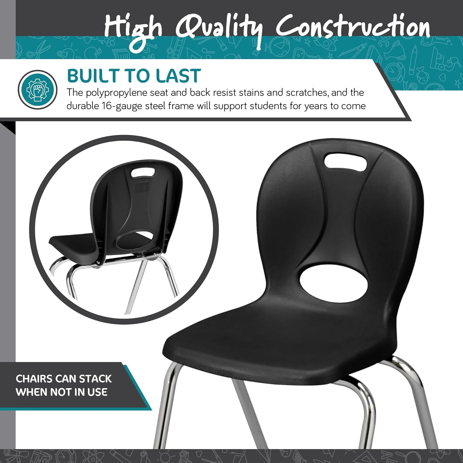 Learniture LNT-118-CSW-BK Learniture Structure Series Stackable School Chairs for Classroom, 18" Seat Height, Black, Pack of 4