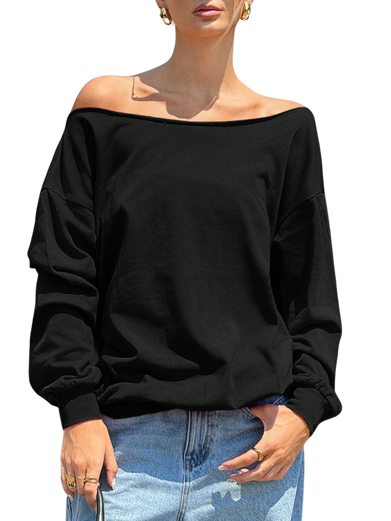 sxv style Women's Solid Plain Autumn Open Shoulder Red Oversized Sweatshirt-picture-16
