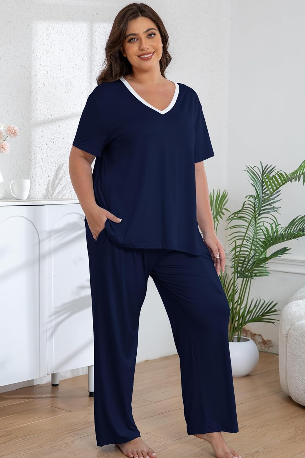Plus Size Women Pajama Sets Short Sleeve Long Pants Solid Color Sleepwear V Neck Casual Lounge Sets Nighty - Image 2