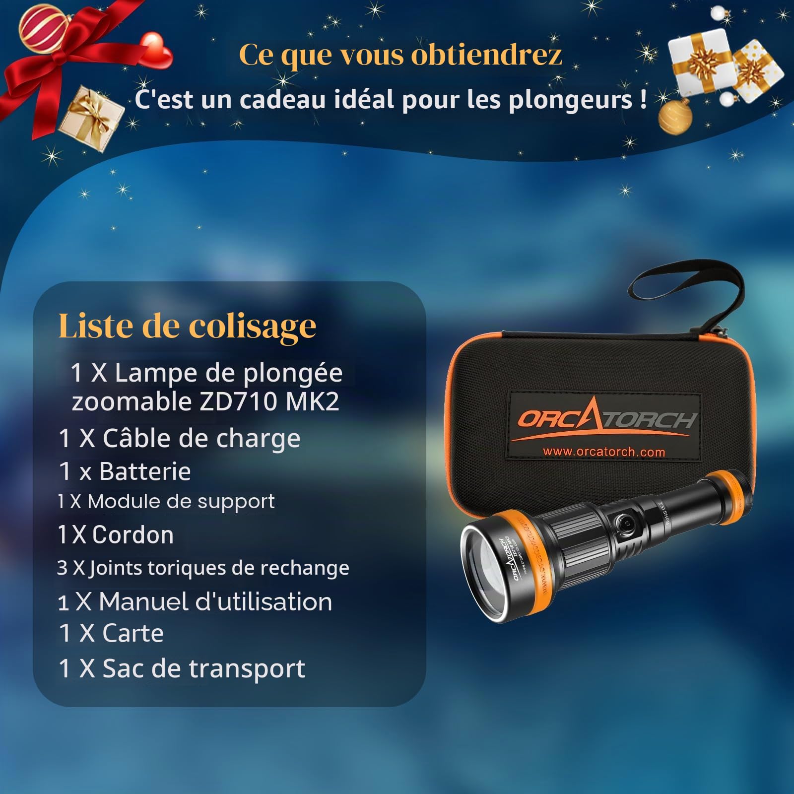 ORCATORCH ZD710MK2 4°-72° Zoom Lampe de Plongée sous Marine, 1500 Lumens Lampe Plongée LED avec 4 Modes Spot et Faisceau Large 2-en-1, IP68 Torche Sous-Marine 150M pour Plongée Technique & Nuit
