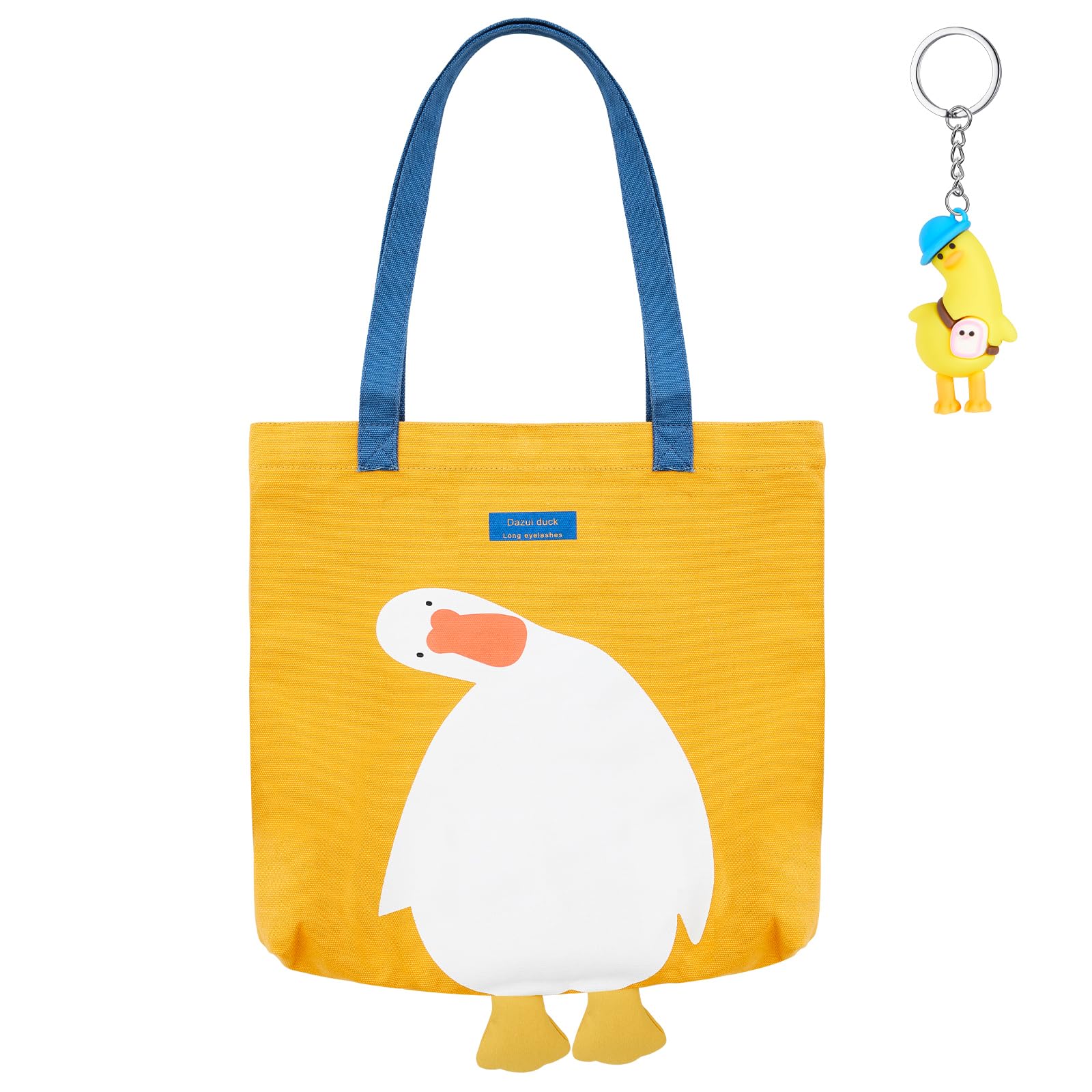 Saintrygo Duck Cute Funny Canvas Tote Bags Reusable Cute Tote with Duck Keychain Graphic Anime Bag for Grocery Shopping Lunch Beach