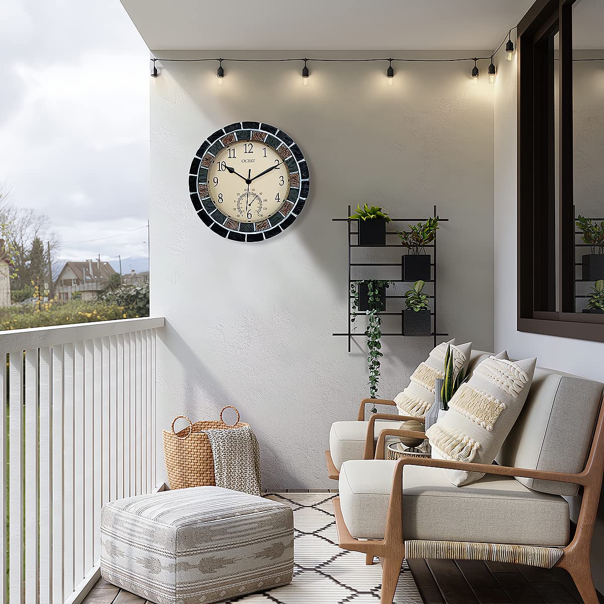 OCEST Horloges de jardin étanches de 26,7 cm, thermomètre, silencieuses, sans tic-tac, à piles, horloges murales rétro décoratives pour piscine, cuisine, terrasse