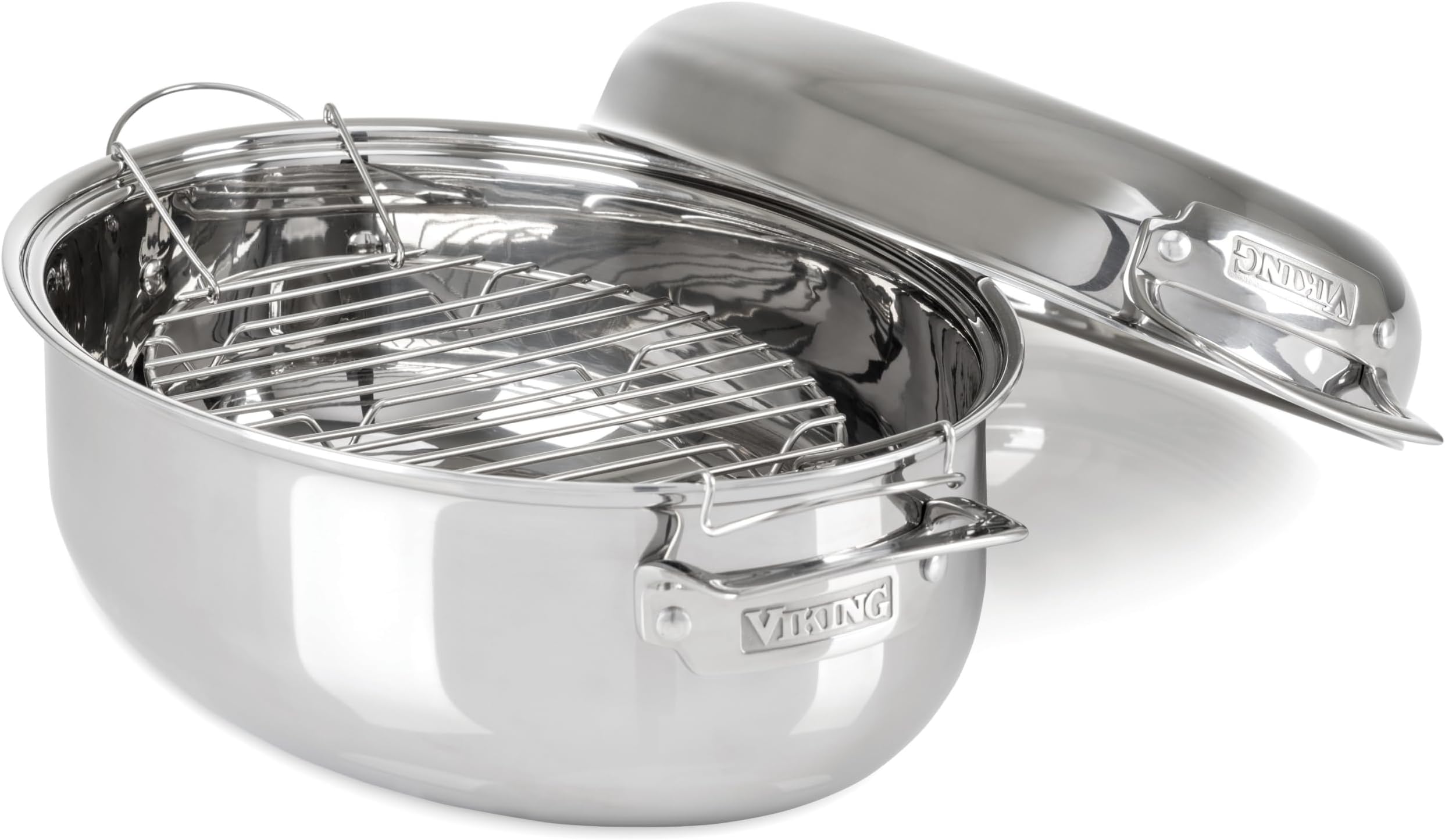 Viking 3-Ply Oval Roasting Pan, 8.5 Quart, Stainless Steel Kitchen Cookware with Metal Induction Lid and Rack, Great for Turkey, Dishwasher and Oven Safe, Silver