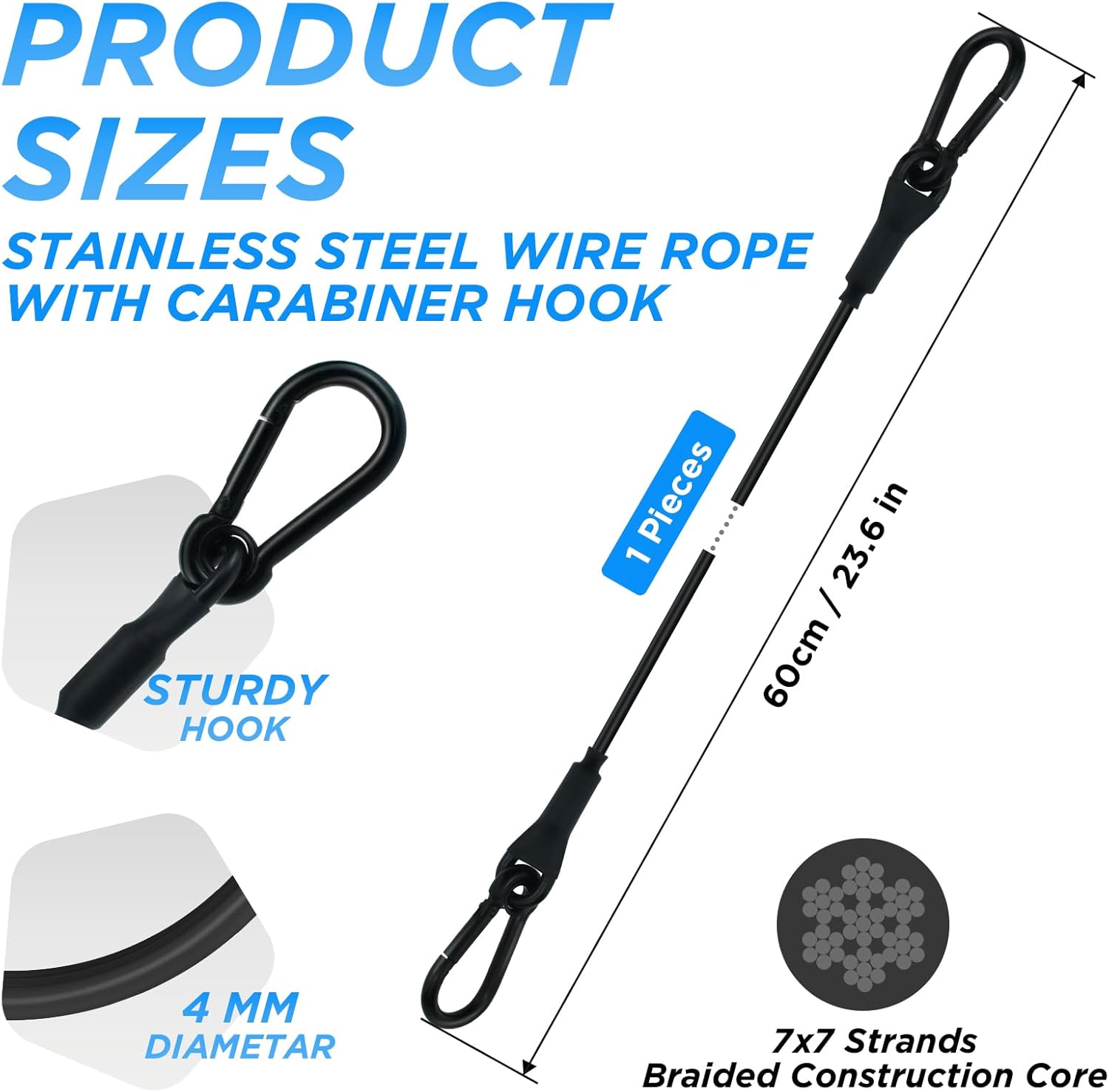 SDTC Tech 1-Pack Loop End Braided Stainless Steel Cable Heavy Duty Security Wire Ropes with Carabiner Hook Locks for Yard Light, Home Decoration, Transport, 4mm Thickness 24 Inch Length PVC Coated - Image 2