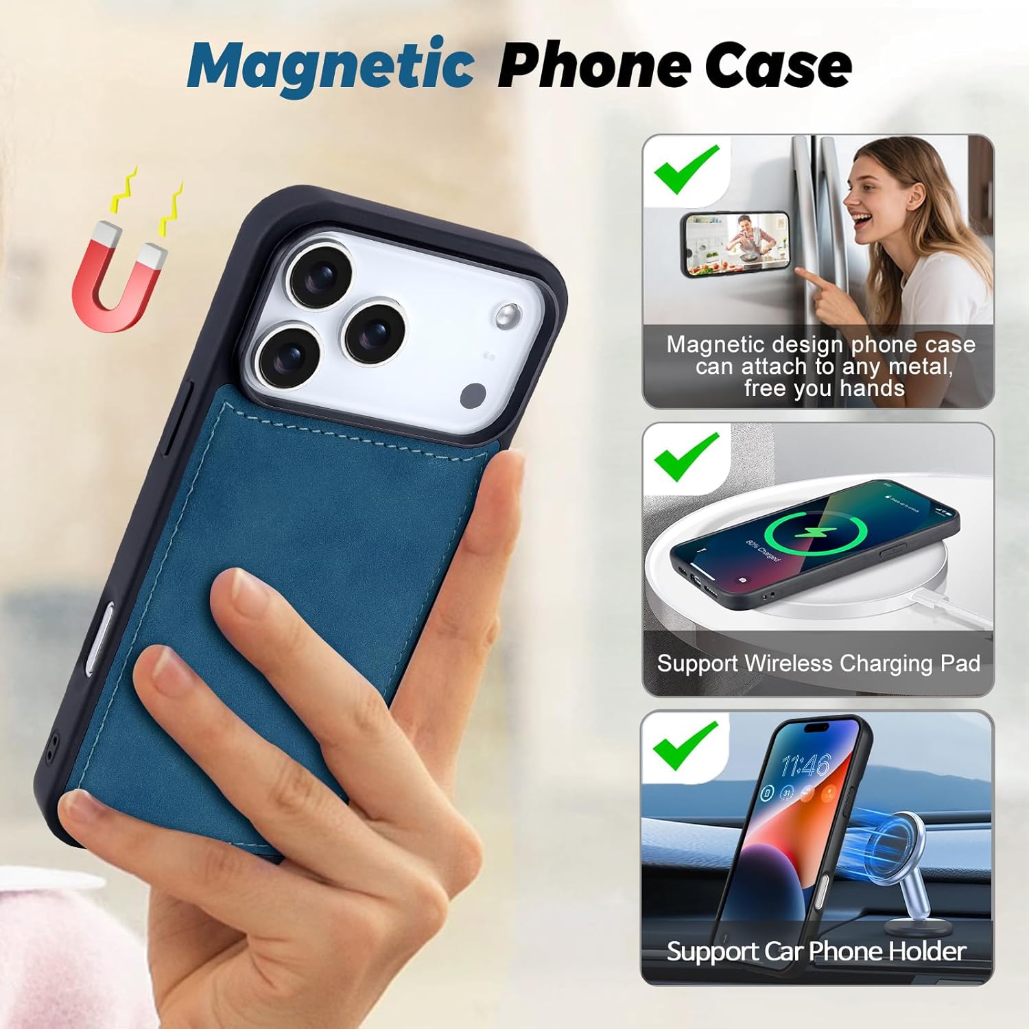 TwoHead Wallet Case Compatible with iPhone 17 Pro Max,Detachable,Magnetic,11 Cards Holder,PU Leather All-Round Protective Phone Case with Change Pocket(6.9 in,Navy Blue) - Image 5