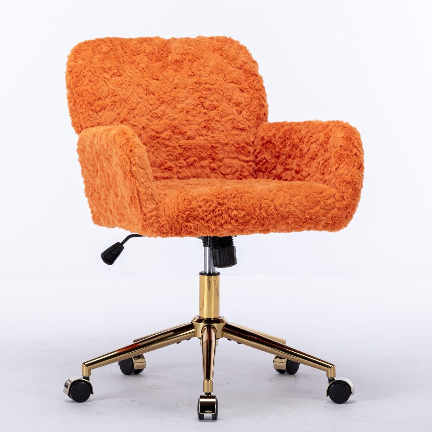 Orange Plush Vantiy Desk Chair, Comfy Fuzzy Upholstery Office Arm Chair with Wheels, Cute Swivel Rolling Makeup Chairs for Teens,Girls,Women, Adjustable Height Desk Chairs