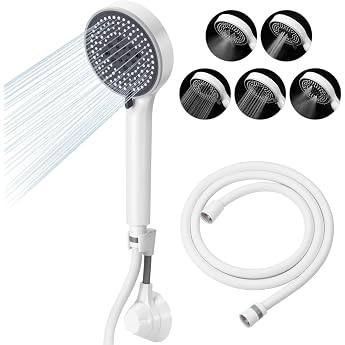 Lonian 5 Spray Modes High Pressure Handheld Shower Head Set High Flow Hand Shower with 1.5m Hose Adjustable Bracket Band Rubber Washers White
