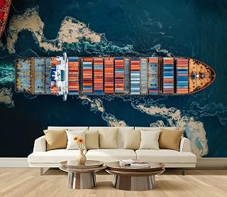 Wall Mural Aerial View Cargo Ship Cargo Container Warehouse Harbor Silk Removable Wallpaper 3D Large Wall Mural Sticker Home Decor for Living Room Bedroom 100"x144" (Not Self-Adhesive)