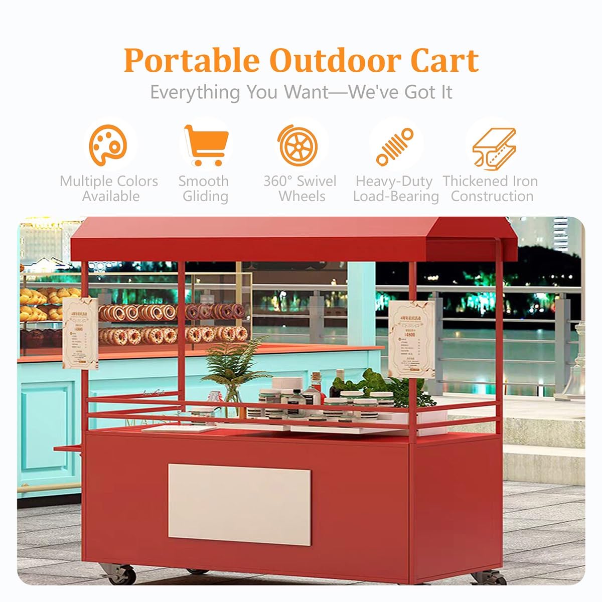 Carrito de Venta Ambulante Exterior con Toldo Impermeable, Carro de Comida con Frenos, Superficie Segura y Gran Almacenamiento(Orange,L 120CM/47.2IN)