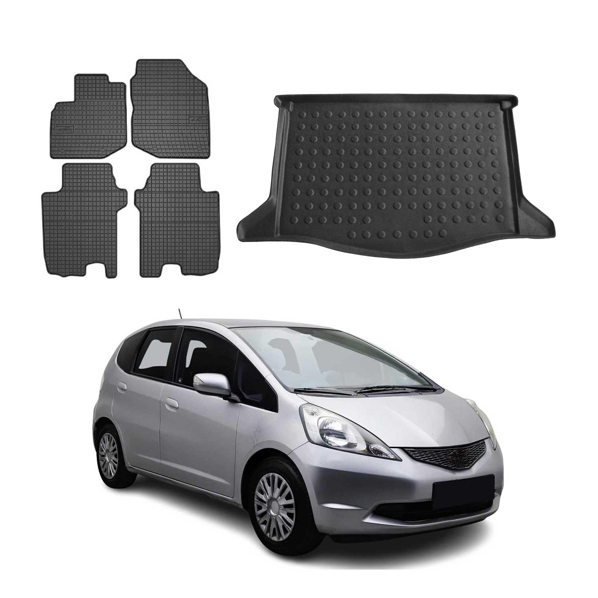 OMAC Fußmatten & Kofferraumwanne Set kompatibel mit Honda Jazz 2008-2015 Gummi TPE Schwarz 5X