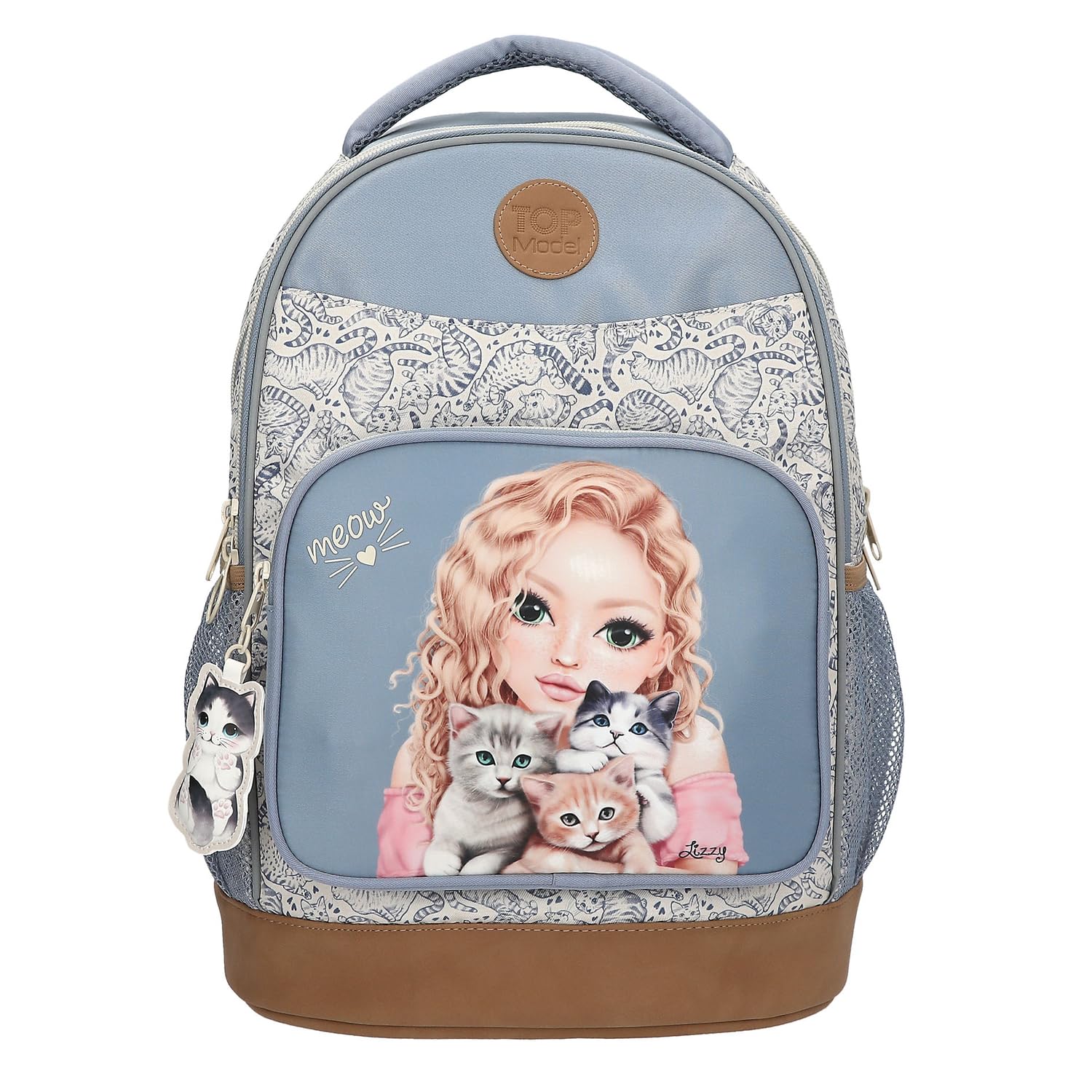Depesche TOPModel 13276 School Backpack in Light Blue and Cream, with Model Motif and Cat Pattern, School Bag with Adjustable Straps, lightblue, TOPModel Cat Love