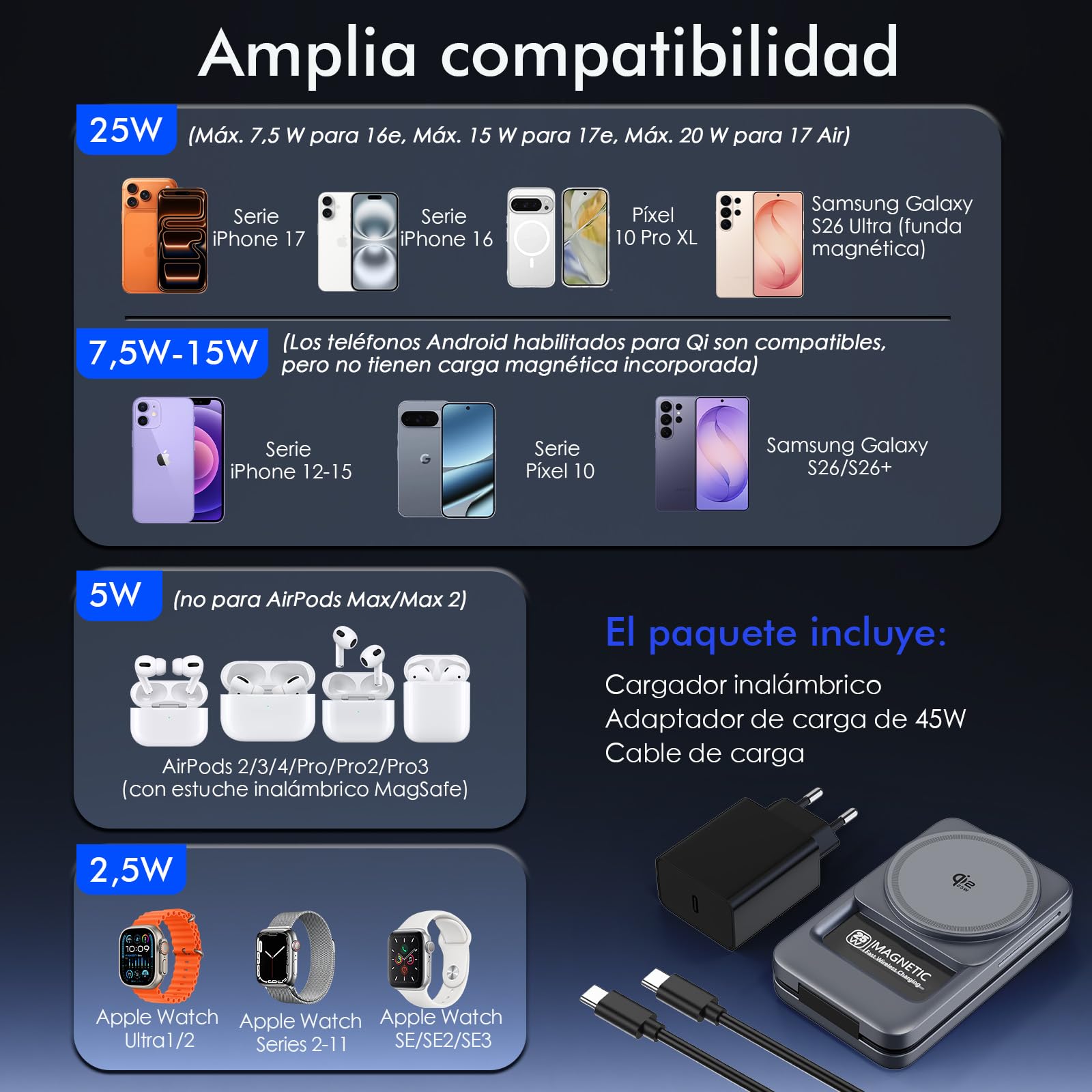Cargador Inalámbrico Qi2.2 25W, 3 en 1 Estacion de Carga Plegable para apple17 16 15 14 13 12/Pixel 10 Galaxy S26 etc, para Auriculares, para Apple Reloj con Adaptador de 45W