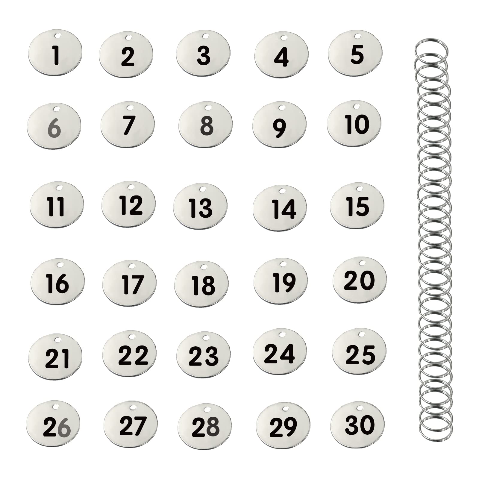 Stainless Steel Numbered Tags, Round Metal Key Tags ID Tags with Rings (1-30)