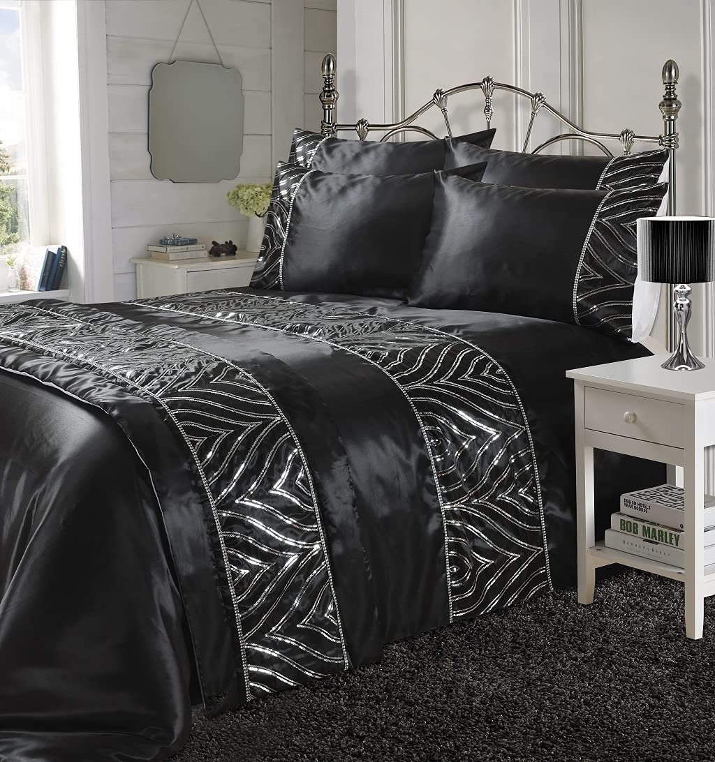 Soodie&Zuzu's Diamante Embroidered Duvet Set Luxurious Sparkle Duvet Cover Sets Shimmer Seqiun Quilt Cover Bedding Set With Matching Pillowcases (Black, Bed Runner)