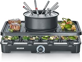 SEVERIN Fondue / Raclette Combination for 8 Person, 2-in-1 Grill, Non-Stick Coating, Includes 8 Fondue Pans, Scrapers and Forks, Dishwasher Safe, RG 2347