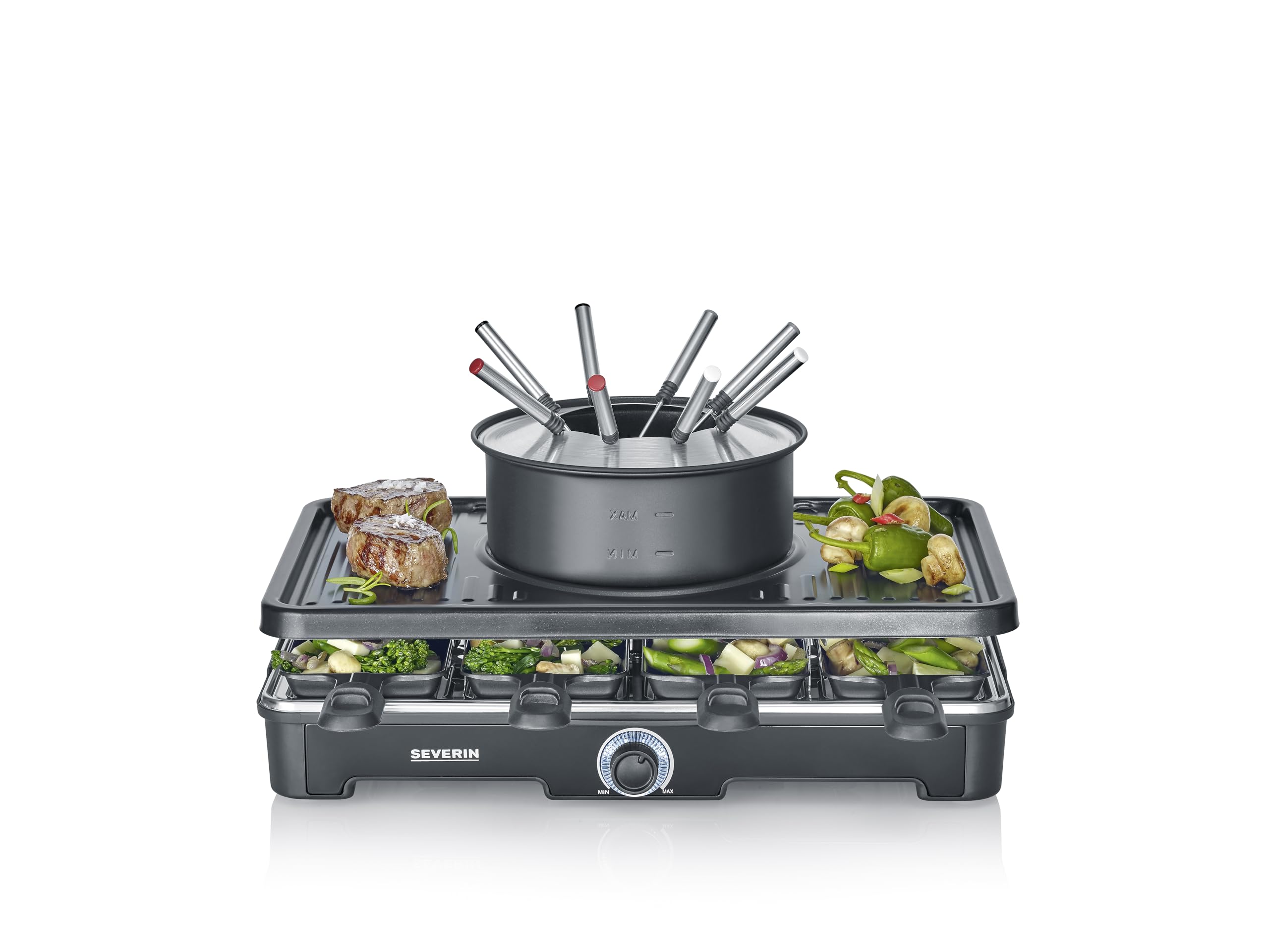 SEVERIN Raclette-Fondue-Kombination für 8 Personen, 2-in-1 Raclette Grill mit Grillplatte & Fondue-Set, Antihaftbeschichtung, inkl. 8 Pfännchen, Schabern & Fondue-Gabeln, spülmaschinengeeignet, RG2347