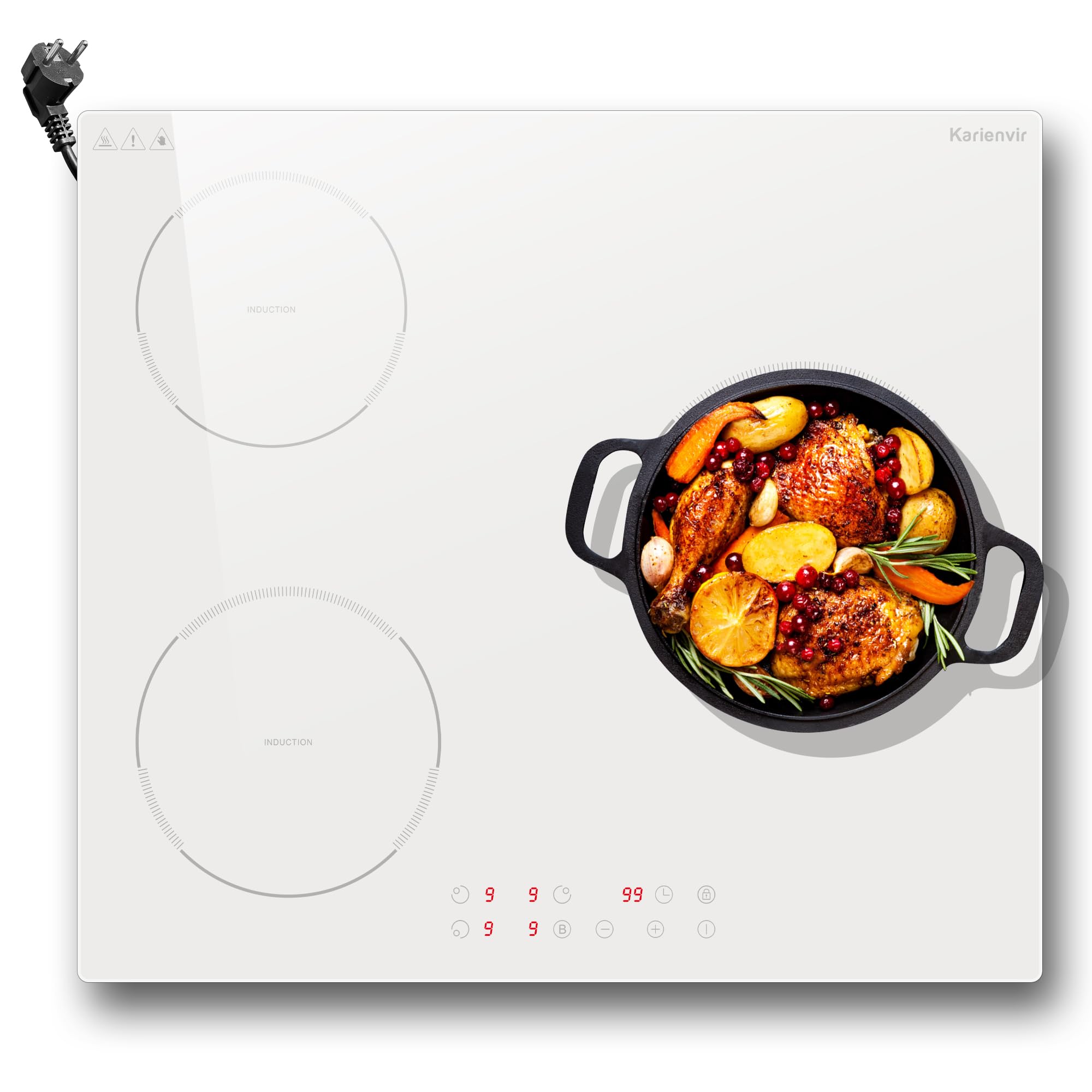 Karienvir Placa induccion 3 fuegos Blanco 60cm 3500W, Placa induccióncon enchufe, control táctil, Boost，Temporizador, Cierres de seguridad