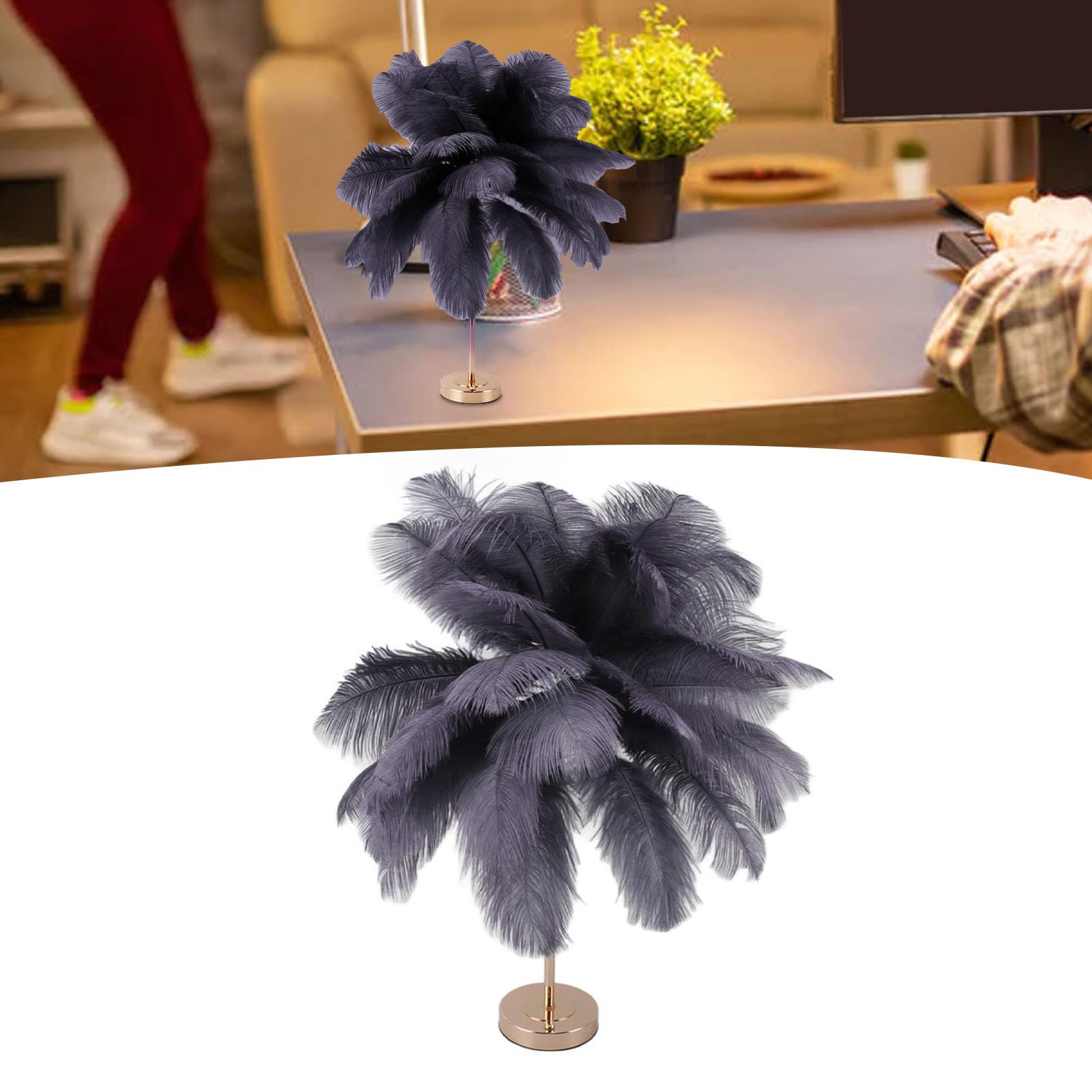 Topiky Lámparas de Mesa Inalámbricas, Luz de Escritorio con Control Táctil, Lámpara de Noche LED con Linterna Recargable, Luz Nocturna de Plumas de Avestruz, Lámpara de Dormitorio (Gris)
