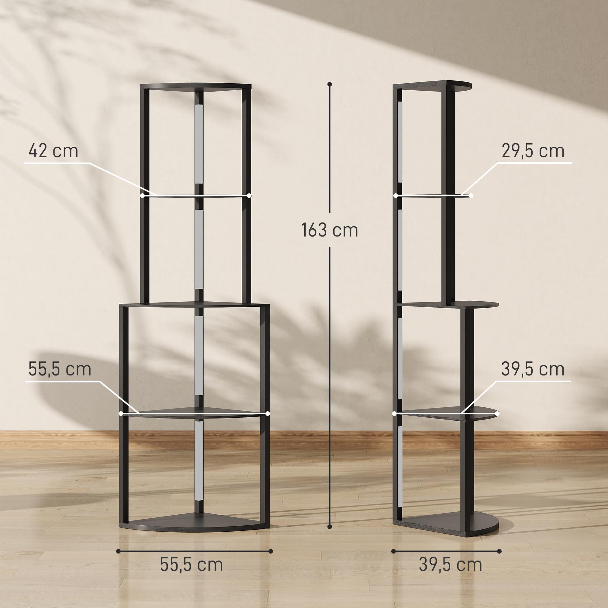 HOMCOM Stehleuchte Wohnzimmer, Stehleuchte mit 4-stufigen Eckregalen, moderne LED-Lampe, regulierbare Helligkeit, Fußschalter, für Wohnzimmer, Schlafzimmer, Büro, schwarz