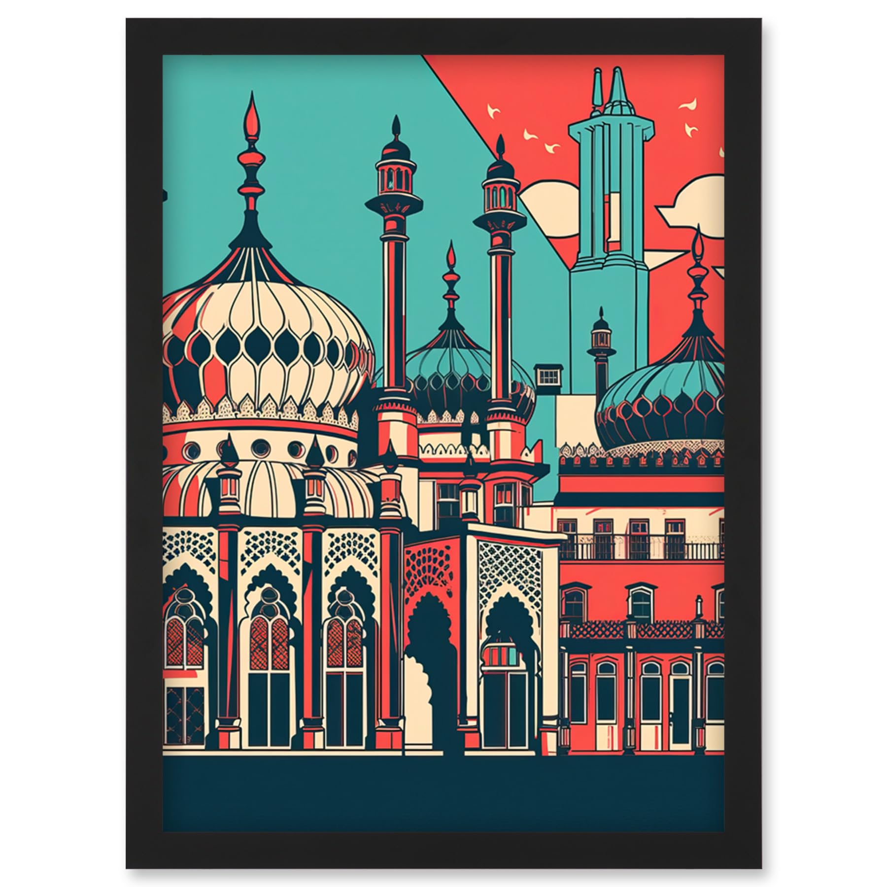 Artery8 Brighton's Royal Pavilion Framed Wall Art Print - Ivory Blue and Red - A4