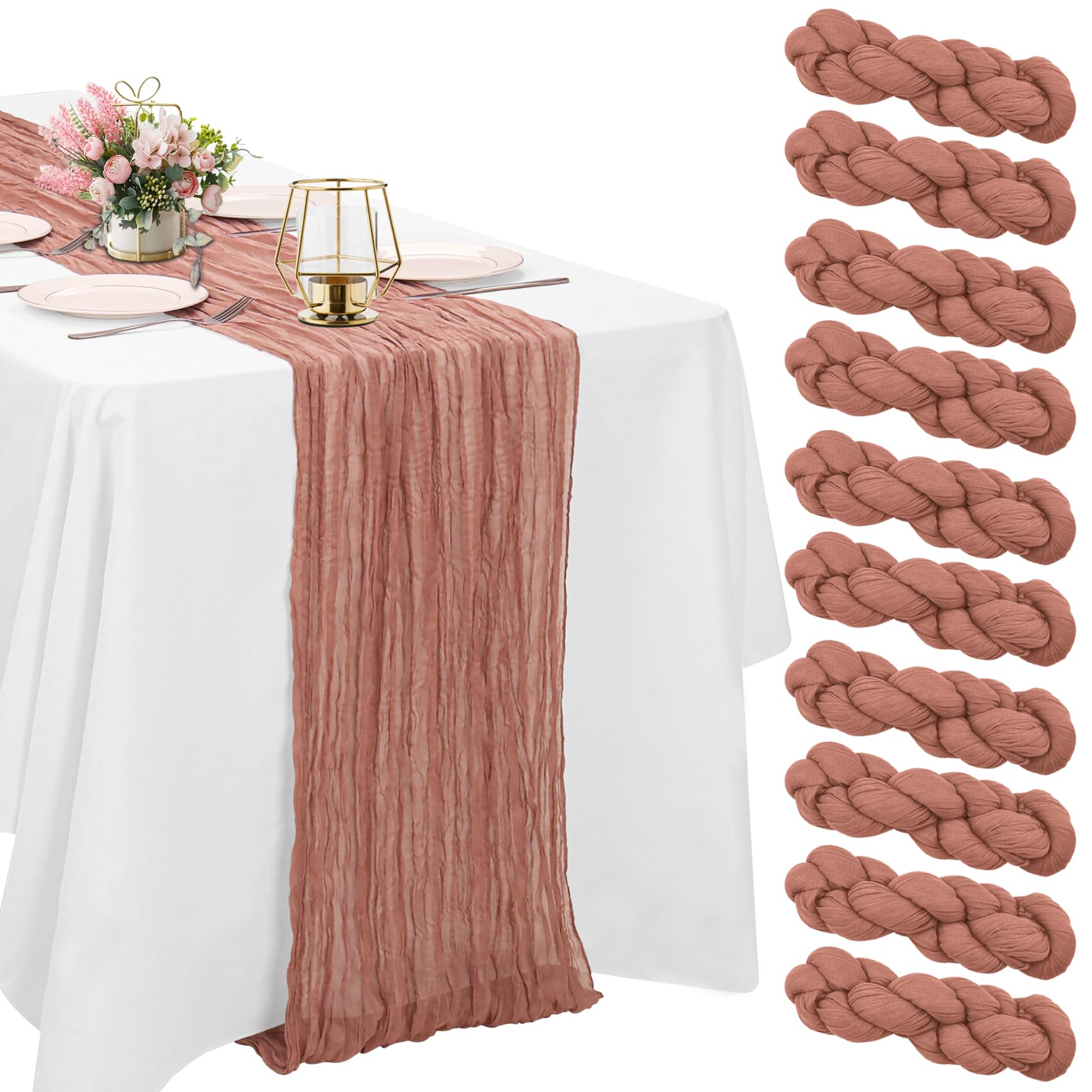 Photo 1 of 10 Pack Dusty Blush Cheesecloth Table Runner 10FT Boho Gauze Fabric Table Runner Vintage Rustic Sheer Runners for Wedding Party Bridal Baby Shower Long Table Decorations