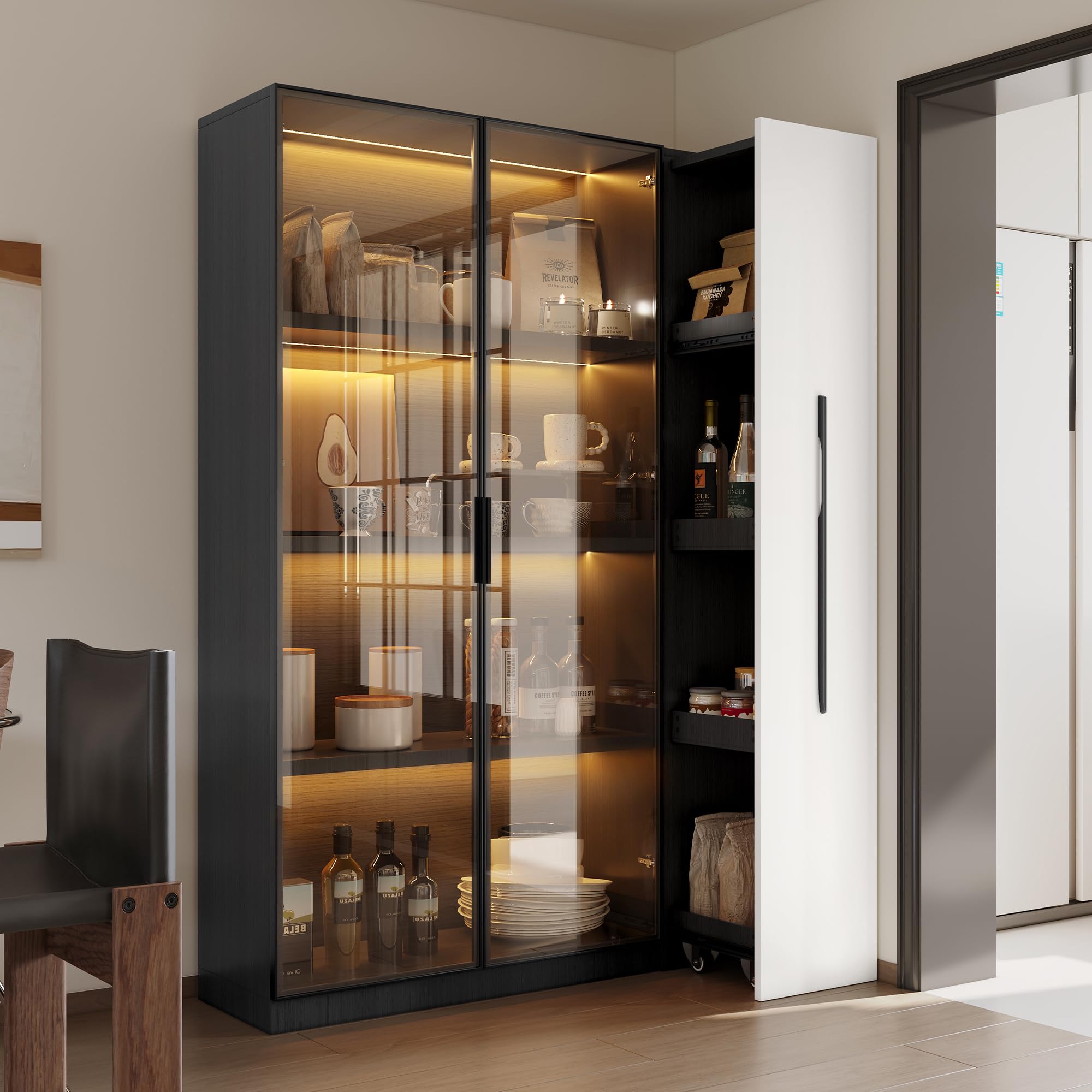 Multifunctionele kast, 110,5 x 35 x 160 cm, vitrine met glazen