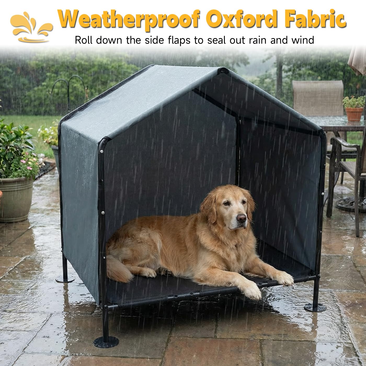 Refugio para perros al aire libre con cama elevada, pantalla grande para perros exteriores, casa 2 en 1 resistente a la intemperie para perros grandes, 39 pulgadas de largo x 34 pulgadas de ancho x 41
