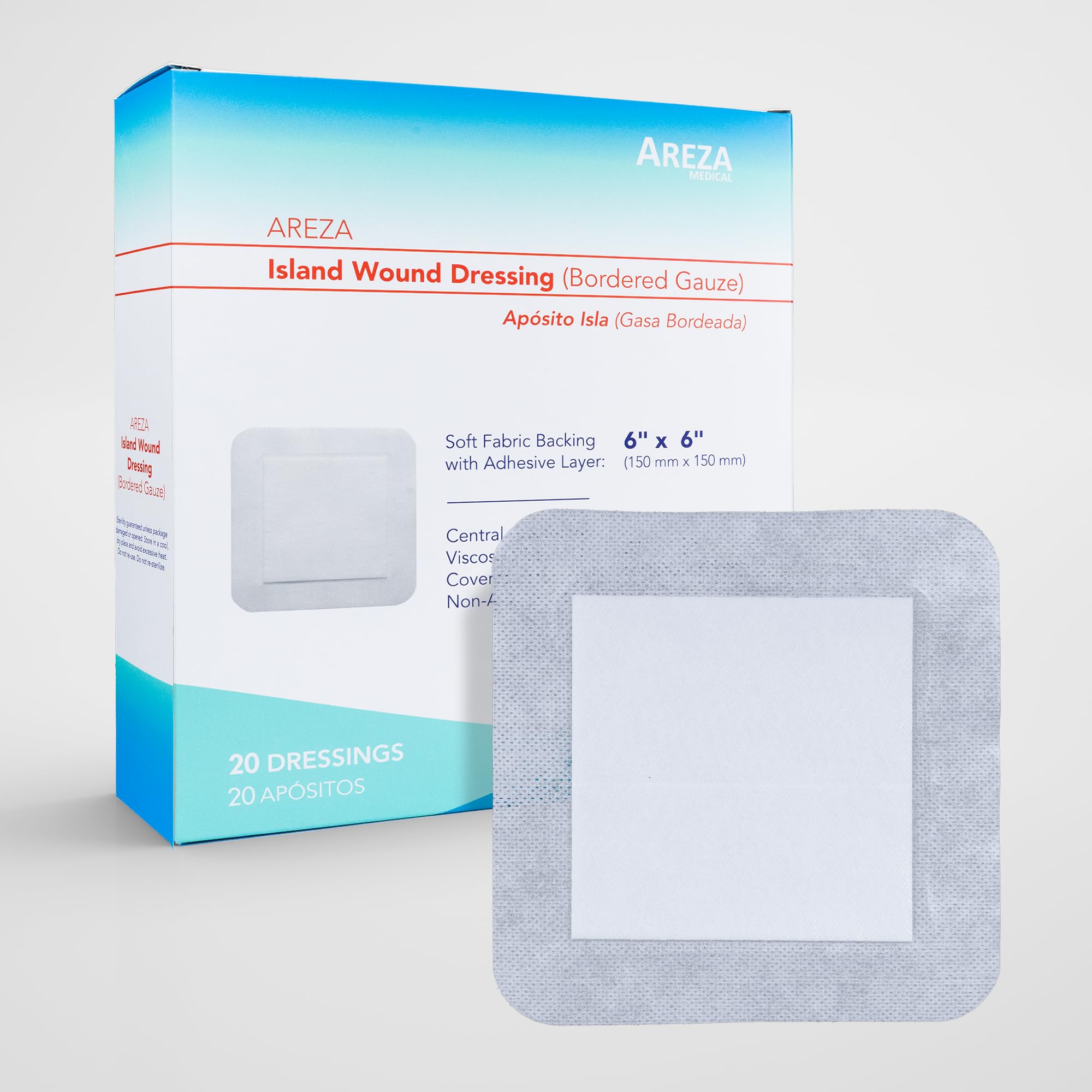 - Areza Medical - Bordered Gauze Island Dressing - Wound Dressing - Latex Free - sterile - 6" x 6" - 20 per Box